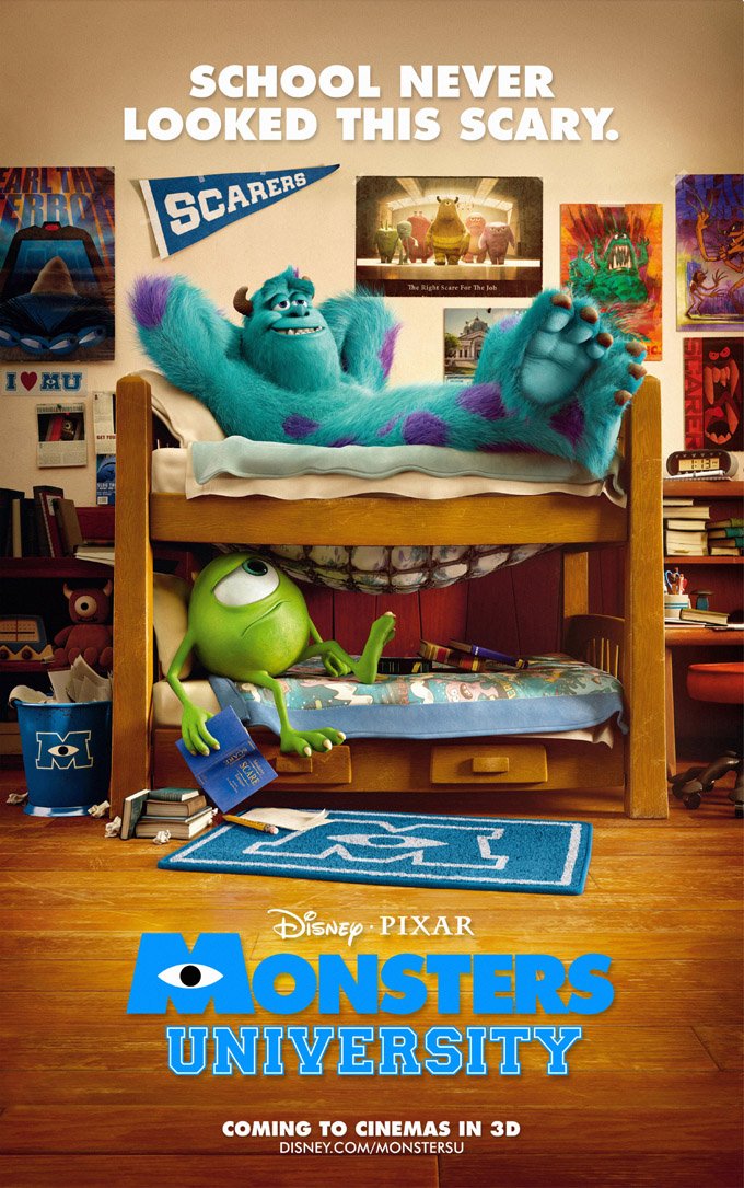 Two monsters on a bunk bed with title 'Monsters University' below